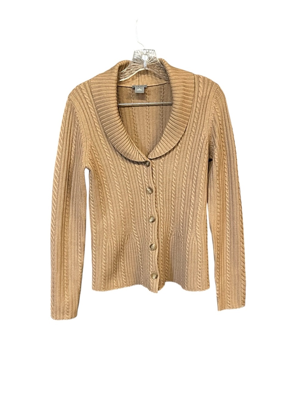 Ann Taylor 100% Extra Fine Merino Wool Cable Knit Cardigan Sweater Medium Camel
